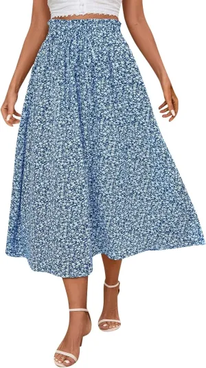 Womens Linen Skirts Midi Length Summer Drawstring High Waist Smocked A Line Elegant Calf Length Skirt with Pockets