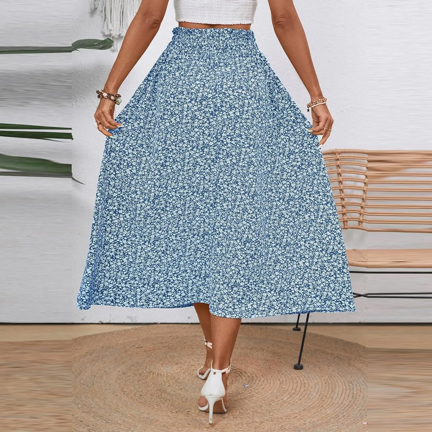Womens Linen Skirts Midi Length Summer Drawstring High Waist Smocked A Line Elegant Calf Length Skirt with Pockets