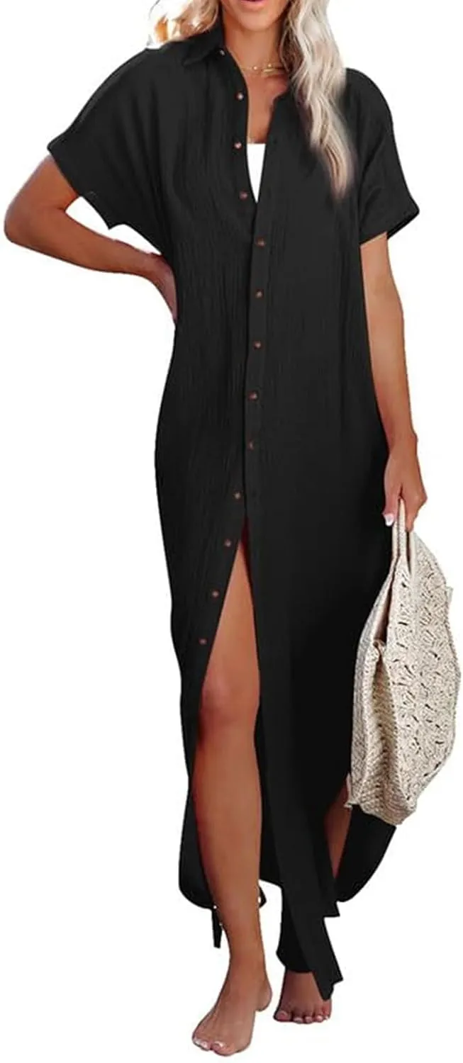 Womens Long Cardigans Short Sleeve Button Down Collared Loose Fit Swimsuit Cover Ups Summer Beach Vacation Dress