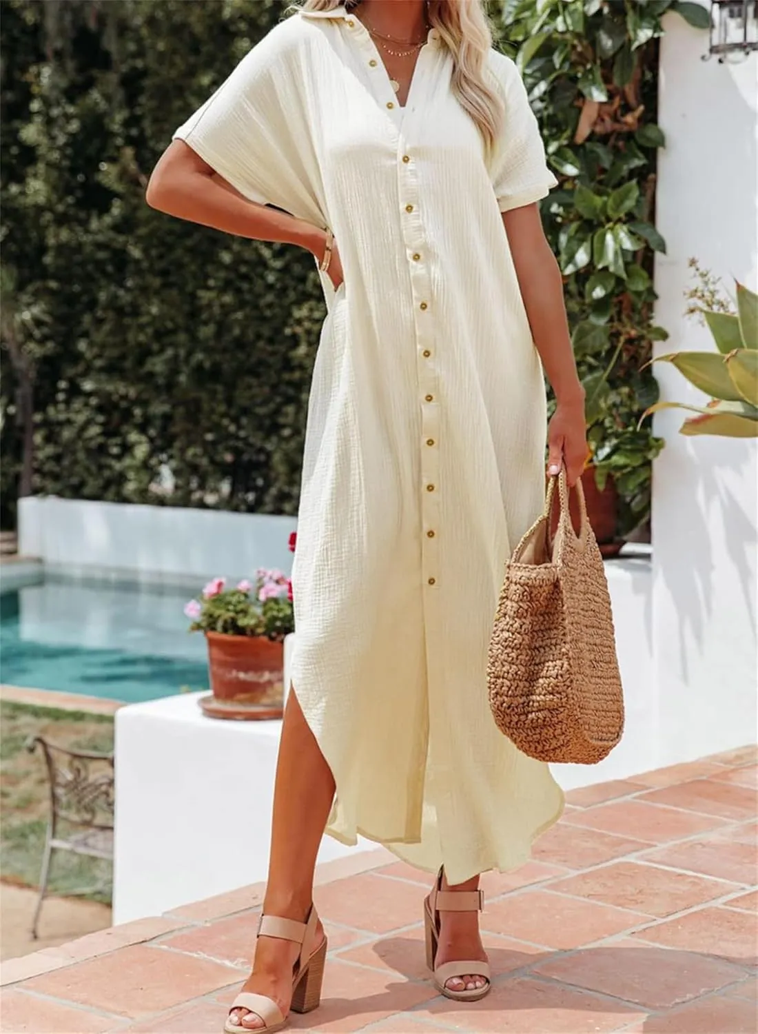 Womens Long Cardigans Short Sleeve Button Down Collared Loose Fit Swimsuit Cover Ups Summer Beach Vacation Dress