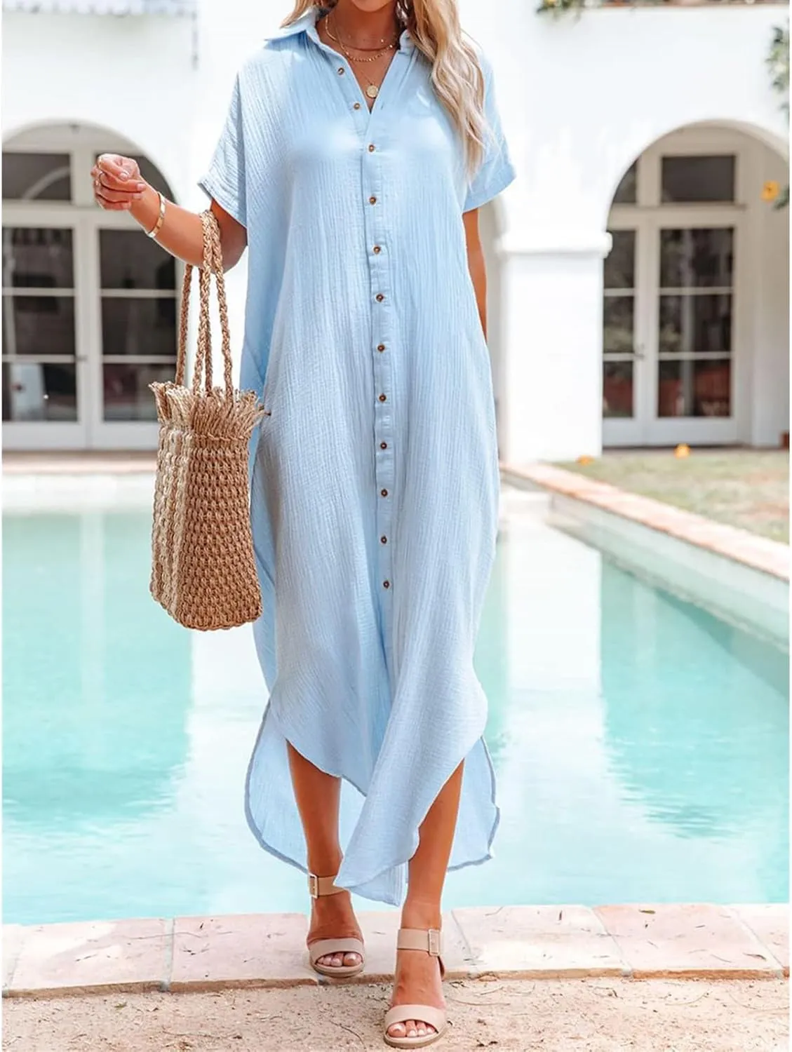 Womens Long Cardigans Short Sleeve Button Down Collared Loose Fit Swimsuit Cover Ups Summer Beach Vacation Dress