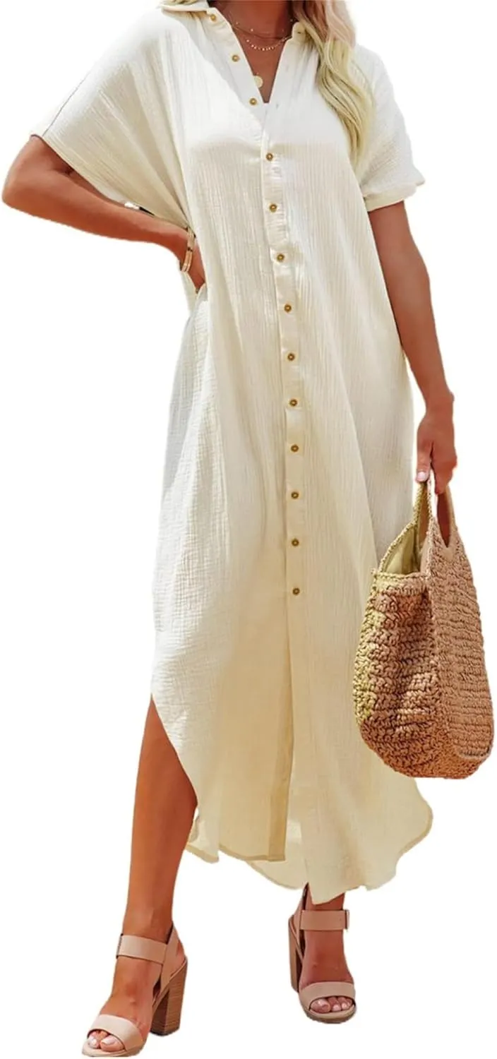 Womens Long Cardigans Short Sleeve Button Down Collared Loose Fit Swimsuit Cover Ups Summer Beach Vacation Dress