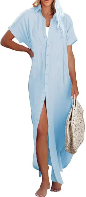 Womens Long Cardigans Short Sleeve Button Down Collared Loose Fit Swimsuit Cover Ups Summer Beach Vacation Dress
