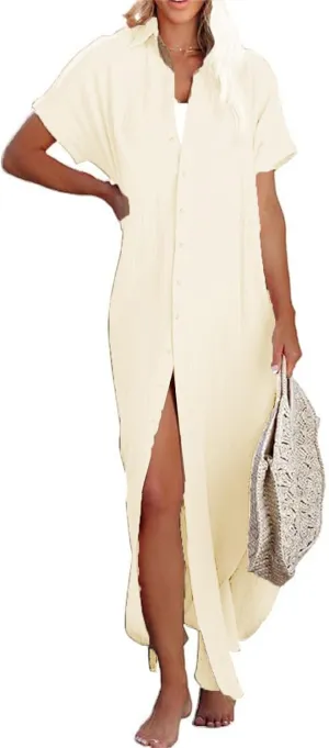 Womens Long Cardigans Short Sleeve Button Down Collared Loose Fit Swimsuit Cover Ups Summer Beach Vacation Dress
