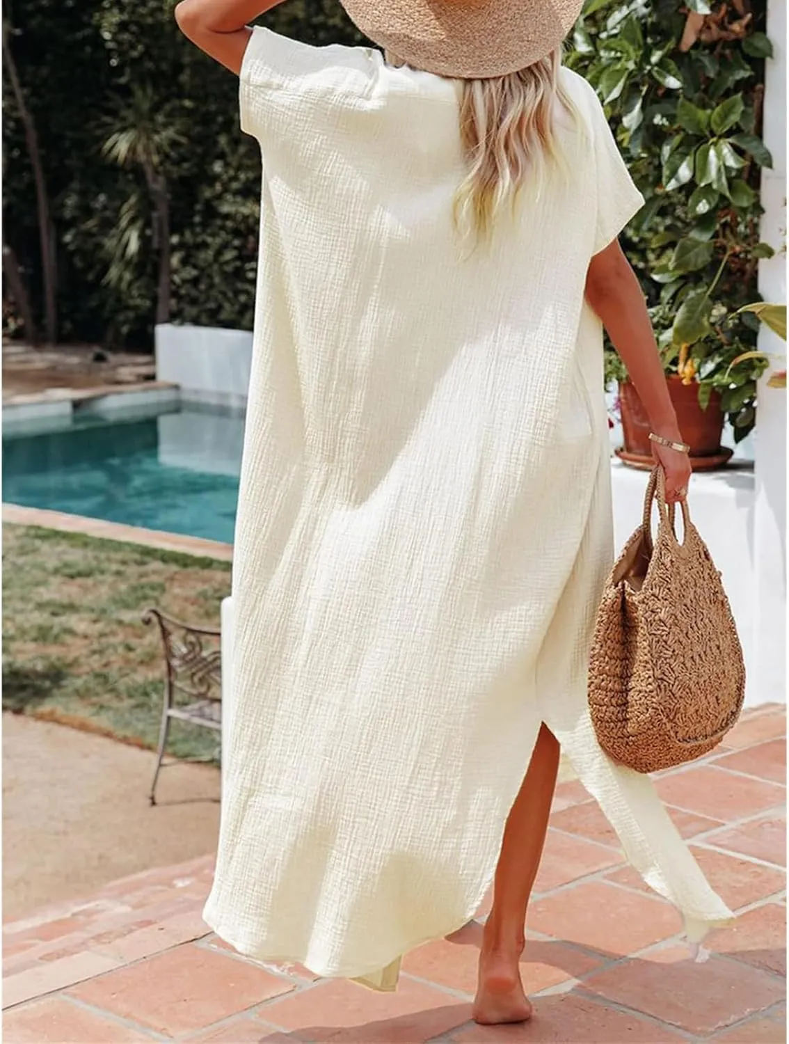 Womens Long Cardigans Short Sleeve Button Down Collared Loose Fit Swimsuit Cover Ups Summer Beach Vacation Dress