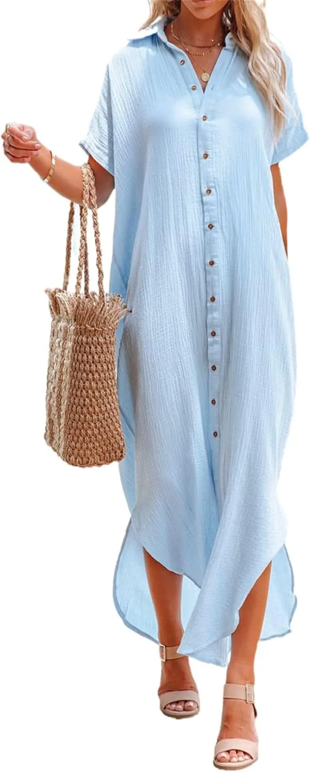 Womens Long Cardigans Short Sleeve Button Down Collared Loose Fit Swimsuit Cover Ups Summer Beach Vacation Dress