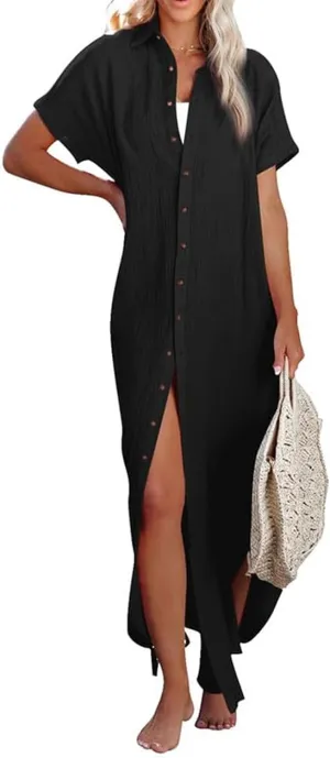 Womens Long Cardigans Short Sleeve Button Down Collared Loose Fit Swimsuit Cover Ups Summer Beach Vacation Dress