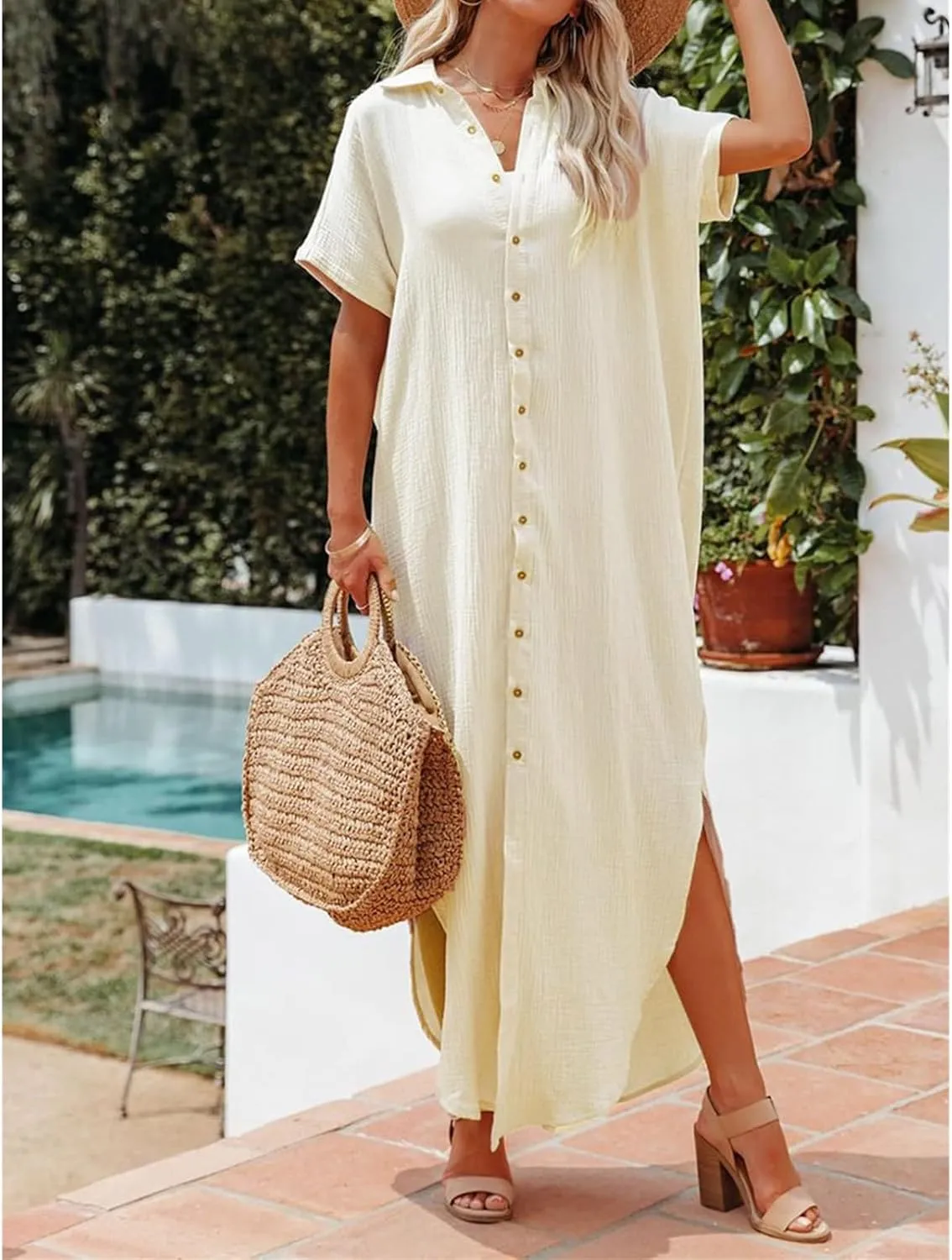 Womens Long Cardigans Short Sleeve Button Down Collared Loose Fit Swimsuit Cover Ups Summer Beach Vacation Dress