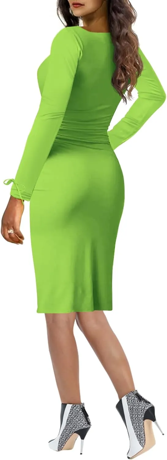 Women's Long Flare Sleeve Midi Dress,Ruched Bodycon,Square Neck,Thigh High Slit, Cocktail Party Dress