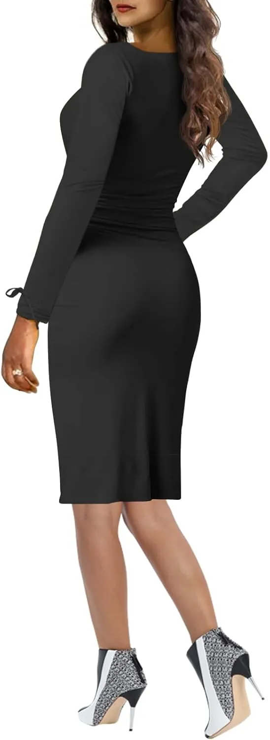 Women's Long Flare Sleeve Midi Dress,Ruched Bodycon,Square Neck,Thigh High Slit, Cocktail Party Dress