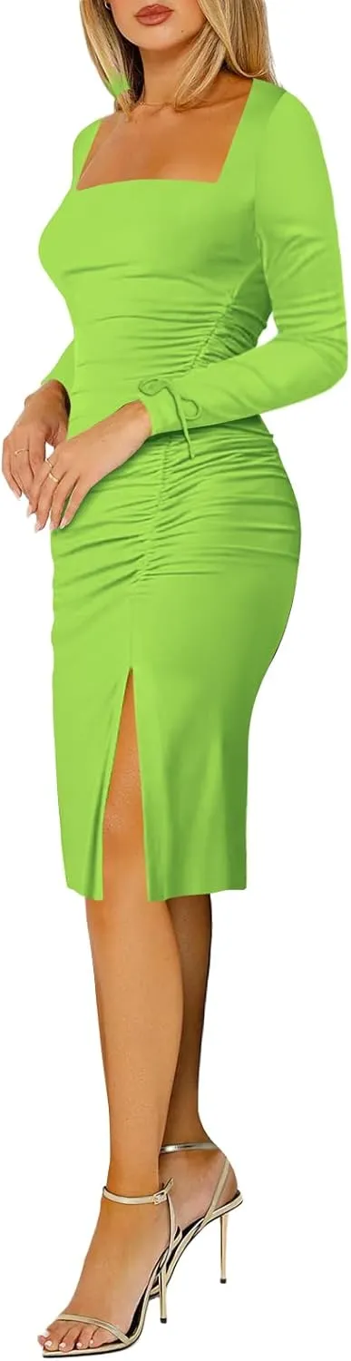 Women's Long Flare Sleeve Midi Dress,Ruched Bodycon,Square Neck,Thigh High Slit, Cocktail Party Dress