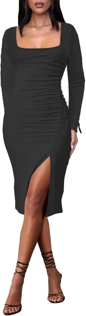 Women's Long Flare Sleeve Midi Dress,Ruched Bodycon,Square Neck,Thigh High Slit, Cocktail Party Dress