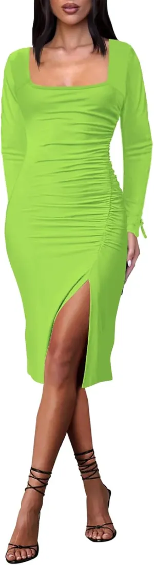 Women's Long Flare Sleeve Midi Dress,Ruched Bodycon,Square Neck,Thigh High Slit, Cocktail Party Dress