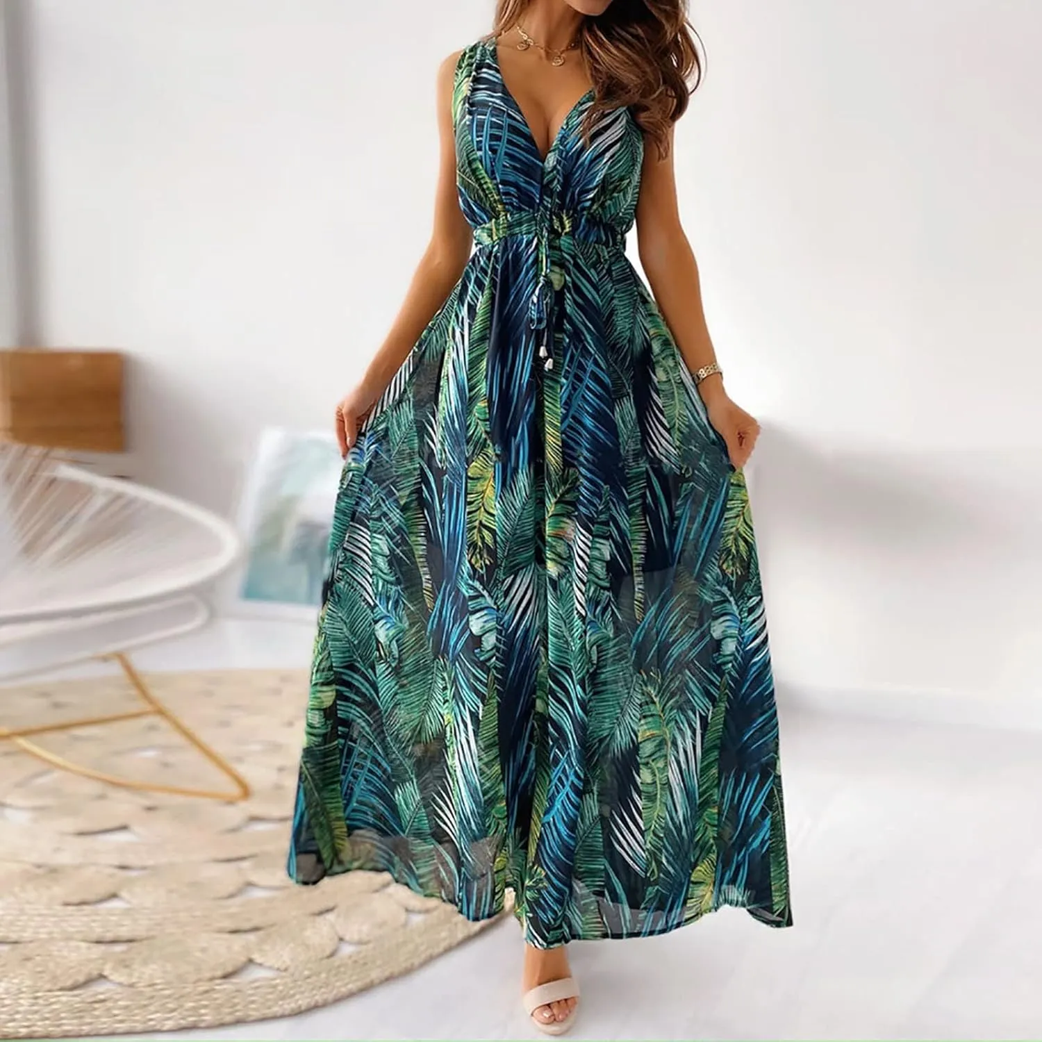Womens Long Sleeve Dresses Floral Dresses for Women Turtle Neck Chiffon Beach Hawaiian Cardigan Maxi Long Dresses