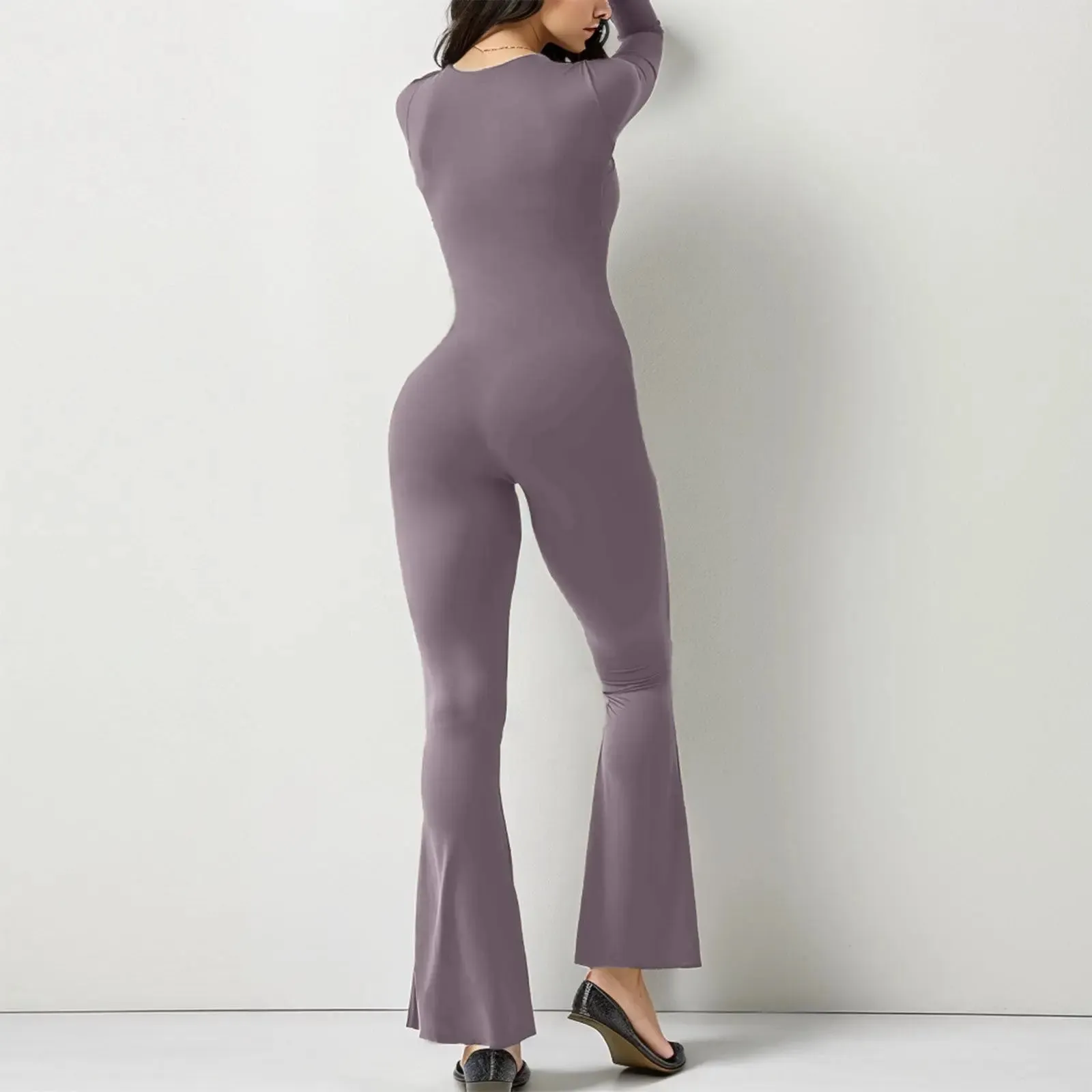 Women’s Long Sleeve Waist Shaping and Hip Lift Square Collar Wide Leg Jumpsuit