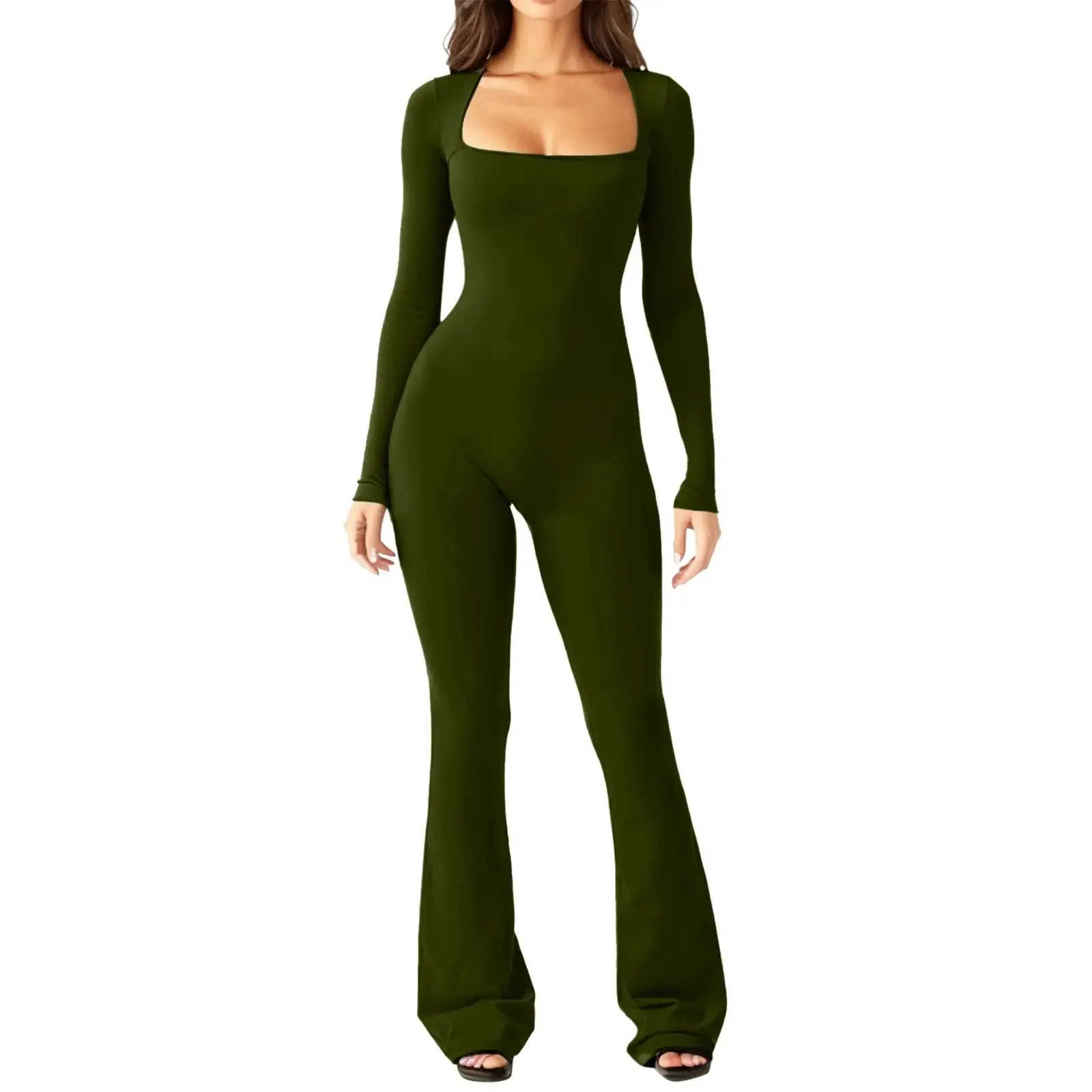 Women’s Long Sleeve Waist Shaping and Hip Lift Square Collar Wide Leg Jumpsuit