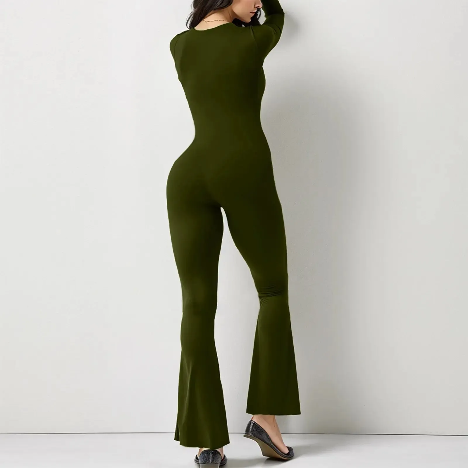 Women’s Long Sleeve Waist Shaping and Hip Lift Square Collar Wide Leg Jumpsuit
