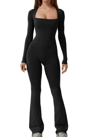 Women’s Long Sleeve Waist Shaping and Hip Lift Square Collar Wide Leg Jumpsuit