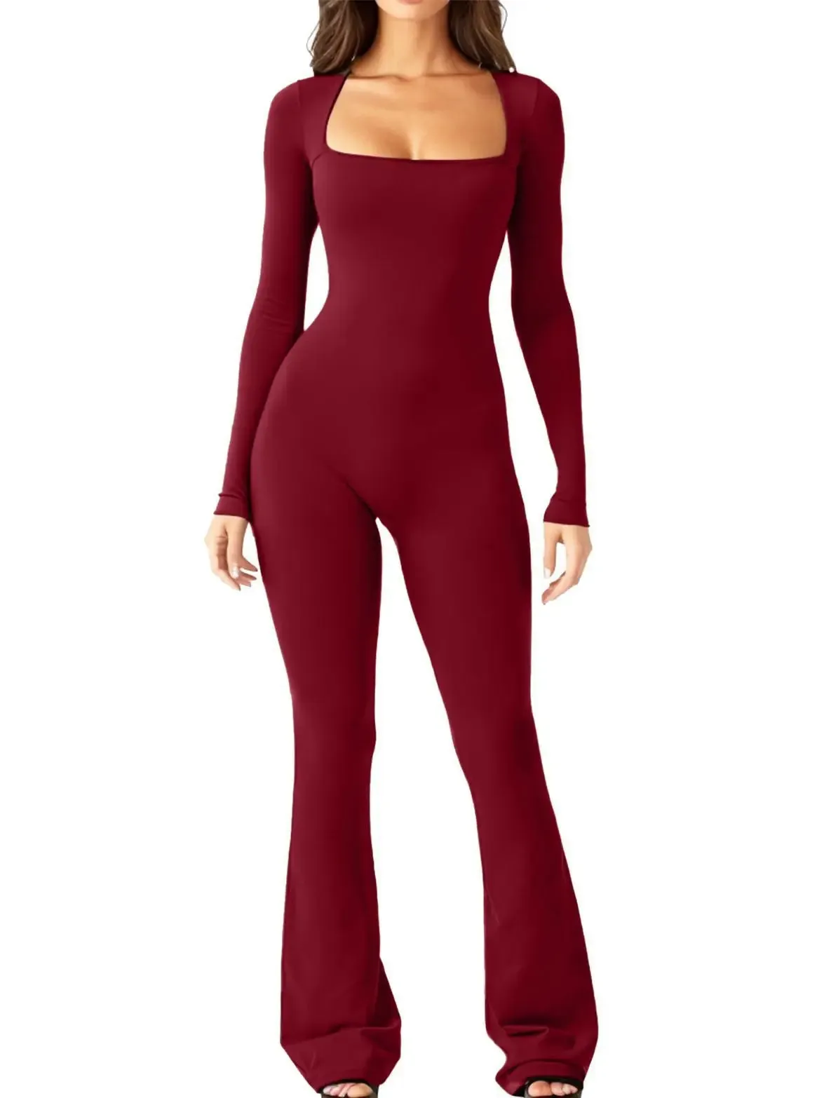 Women’s Long Sleeve Waist Shaping and Hip Lift Square Collar Wide Leg Jumpsuit
