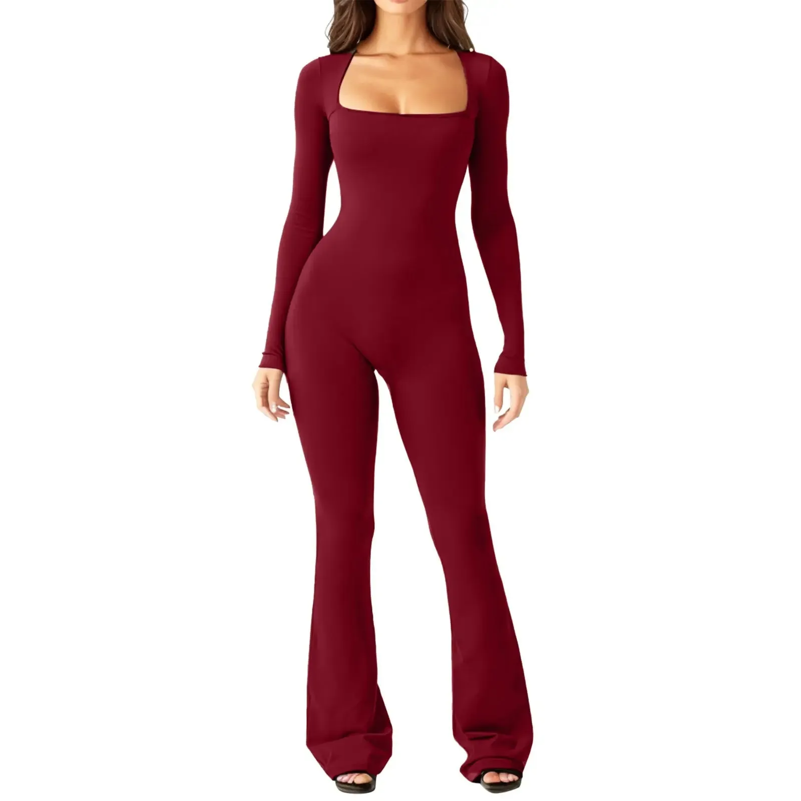 Women’s Long Sleeve Waist Shaping and Hip Lift Square Collar Wide Leg Jumpsuit