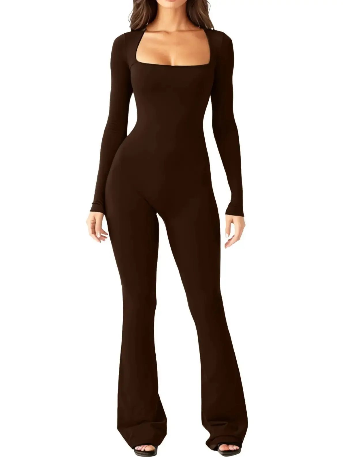 Women’s Long Sleeve Waist Shaping and Hip Lift Square Collar Wide Leg Jumpsuit