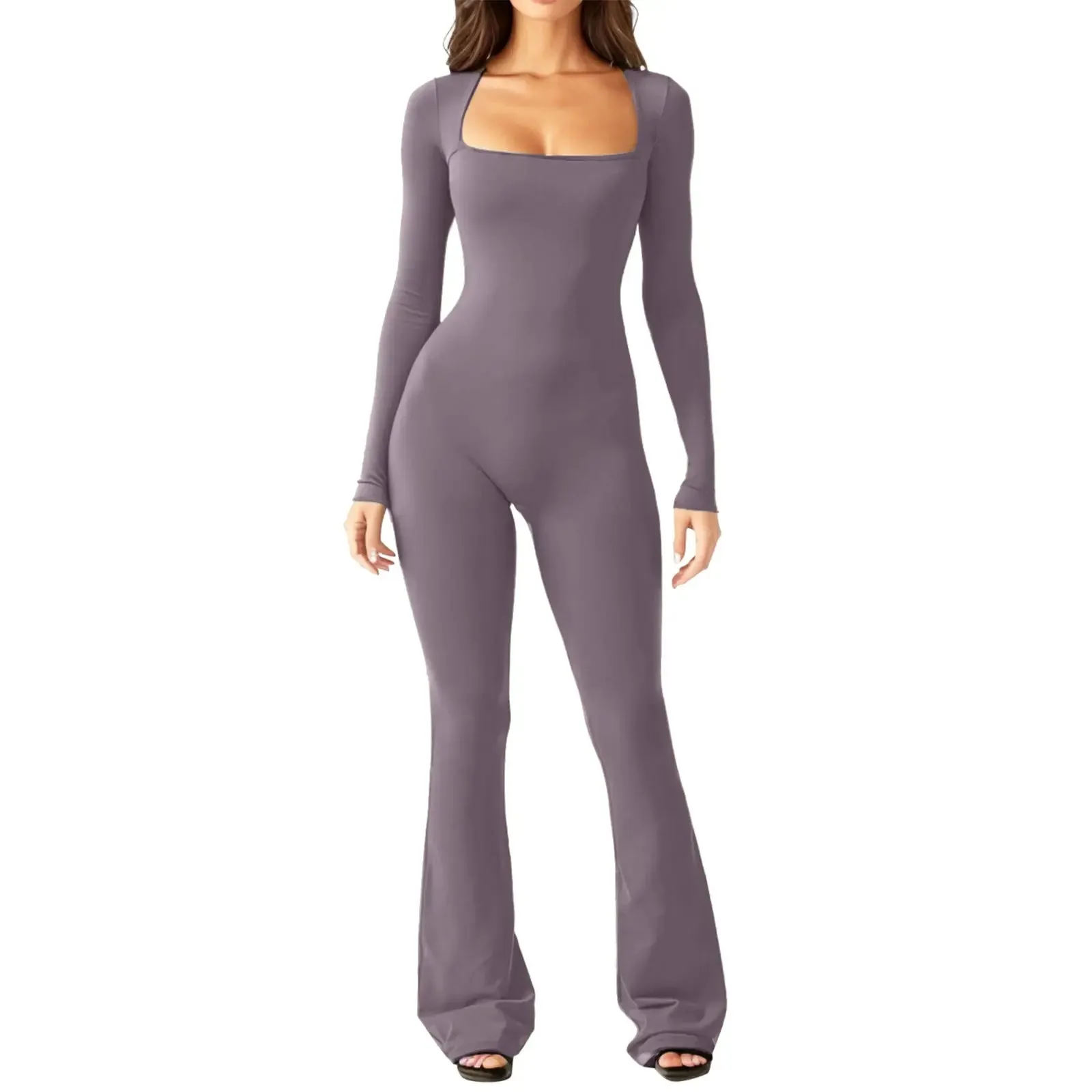 Women’s Long Sleeve Waist Shaping and Hip Lift Square Collar Wide Leg Jumpsuit