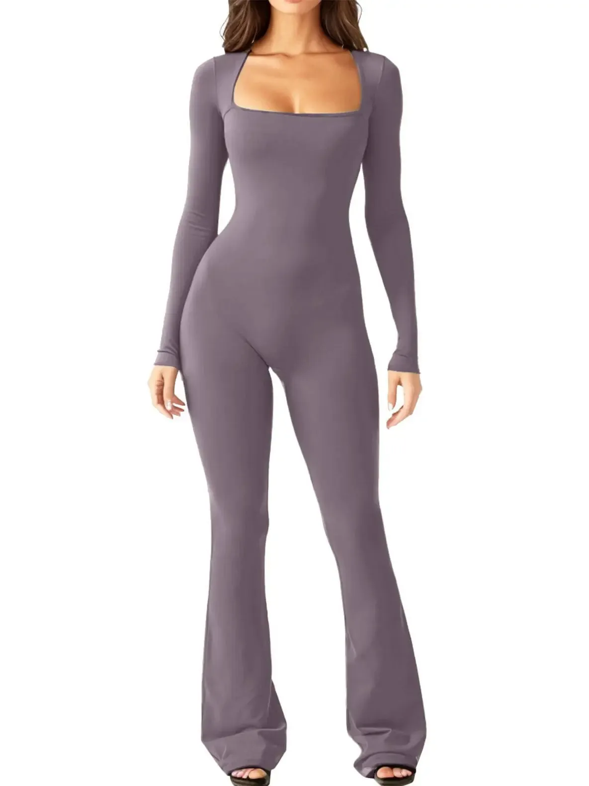 Women’s Long Sleeve Waist Shaping and Hip Lift Square Collar Wide Leg Jumpsuit