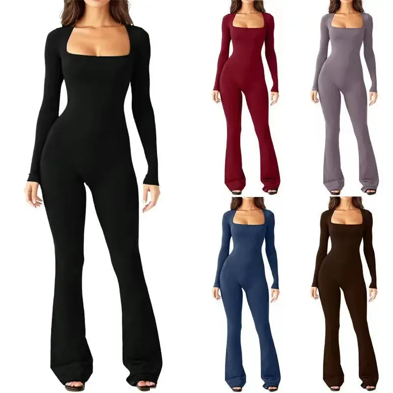 Women’s Long Sleeve Waist Shaping and Hip Lift Square Collar Wide Leg Jumpsuit