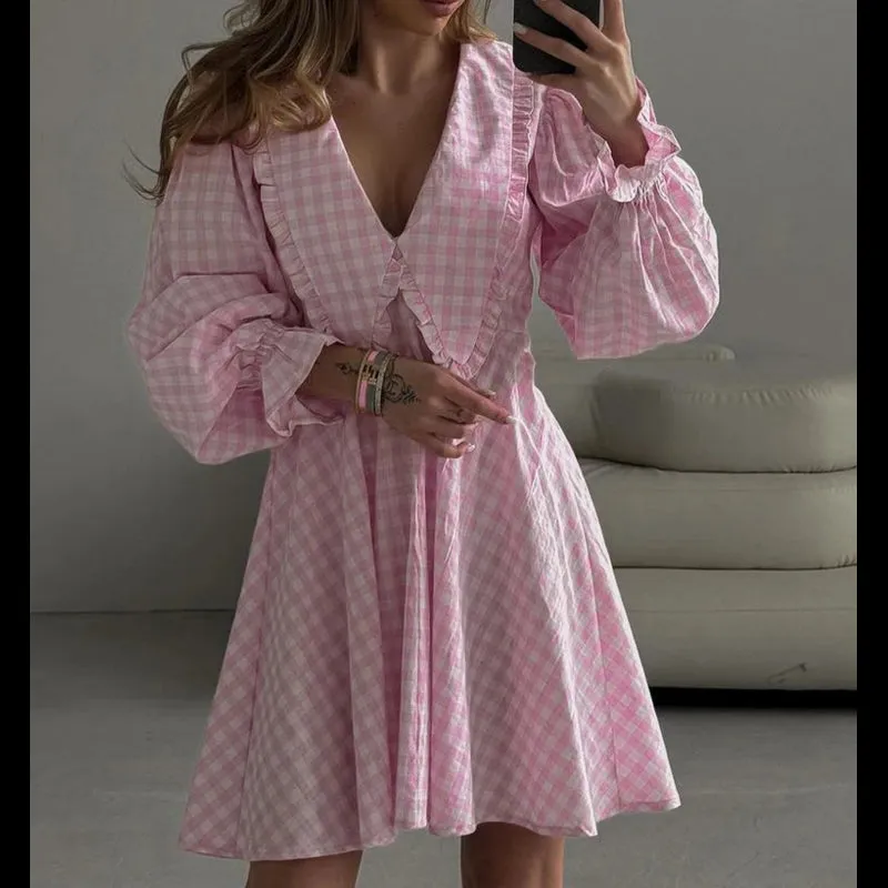 Women's Loose Plaid Cotton Doll Collar Long Sleeve Mini Dress