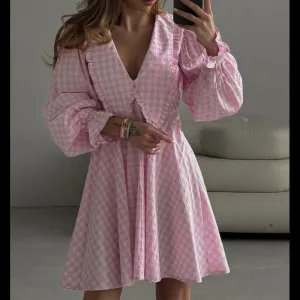 Women's Loose Plaid Cotton Doll Collar Long Sleeve Mini Dress