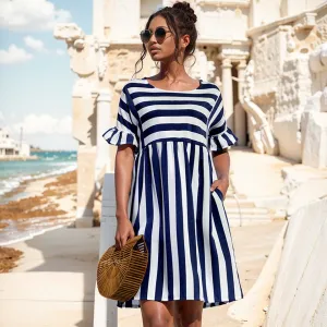 Women's Loose Summer Striped Dress Ruffled Sleeves