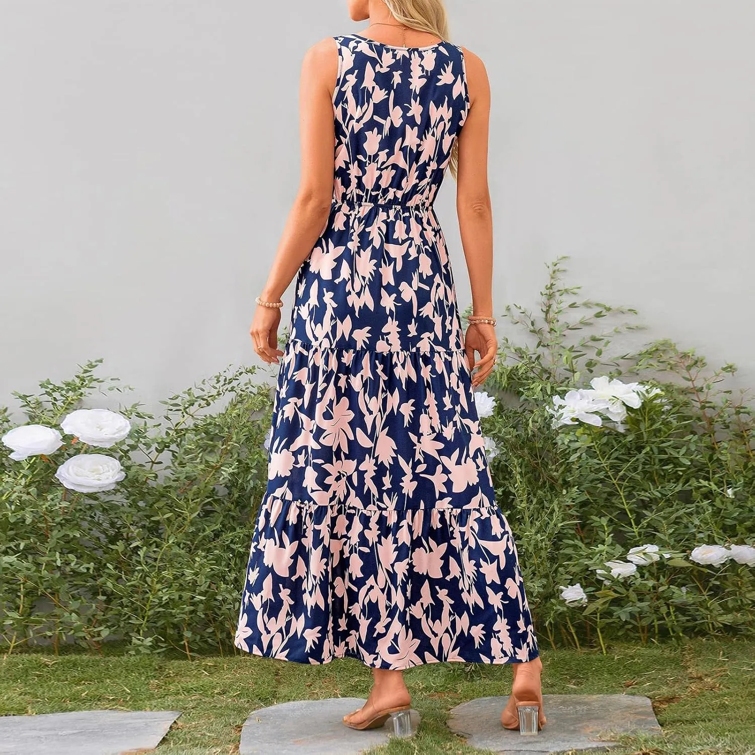 Womens Maxi Dresses Summer Smocked Dresses Sleeveless Sun Dress Bohemian Floral Dress V Neck Dresses for Wedding Guest