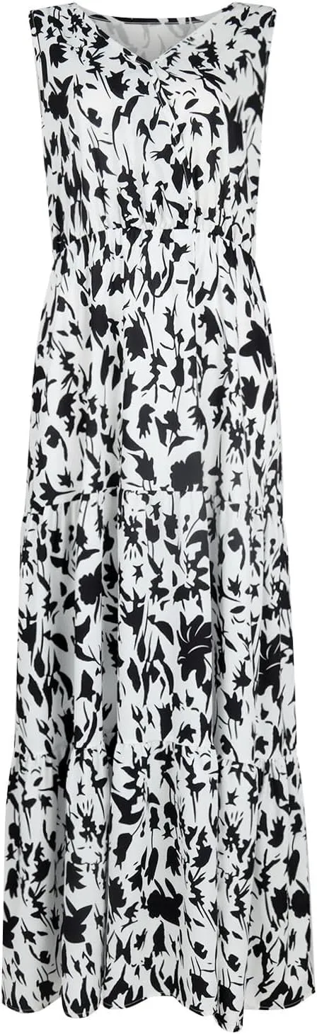 Womens Maxi Dresses Summer Smocked Dresses Sleeveless Sun Dress Bohemian Floral Dress V Neck Dresses for Wedding Guest