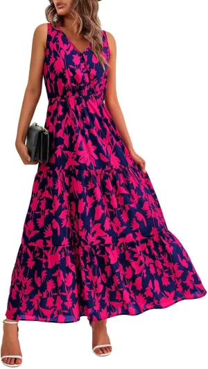 Womens Maxi Dresses Summer Smocked Dresses Sleeveless Sun Dress Bohemian Floral Dress V Neck Dresses for Wedding Guest