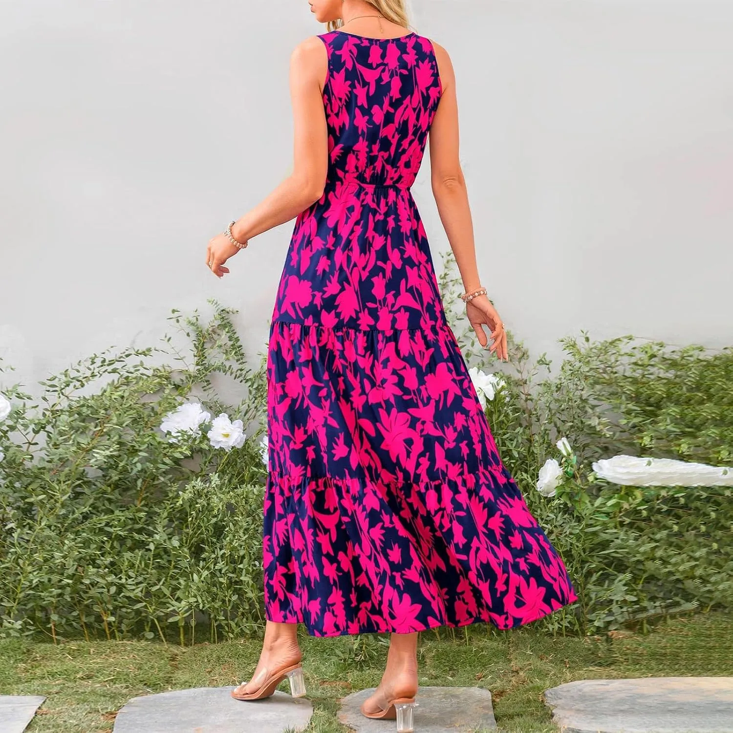 Womens Maxi Dresses Summer Smocked Dresses Sleeveless Sun Dress Bohemian Floral Dress V Neck Dresses for Wedding Guest