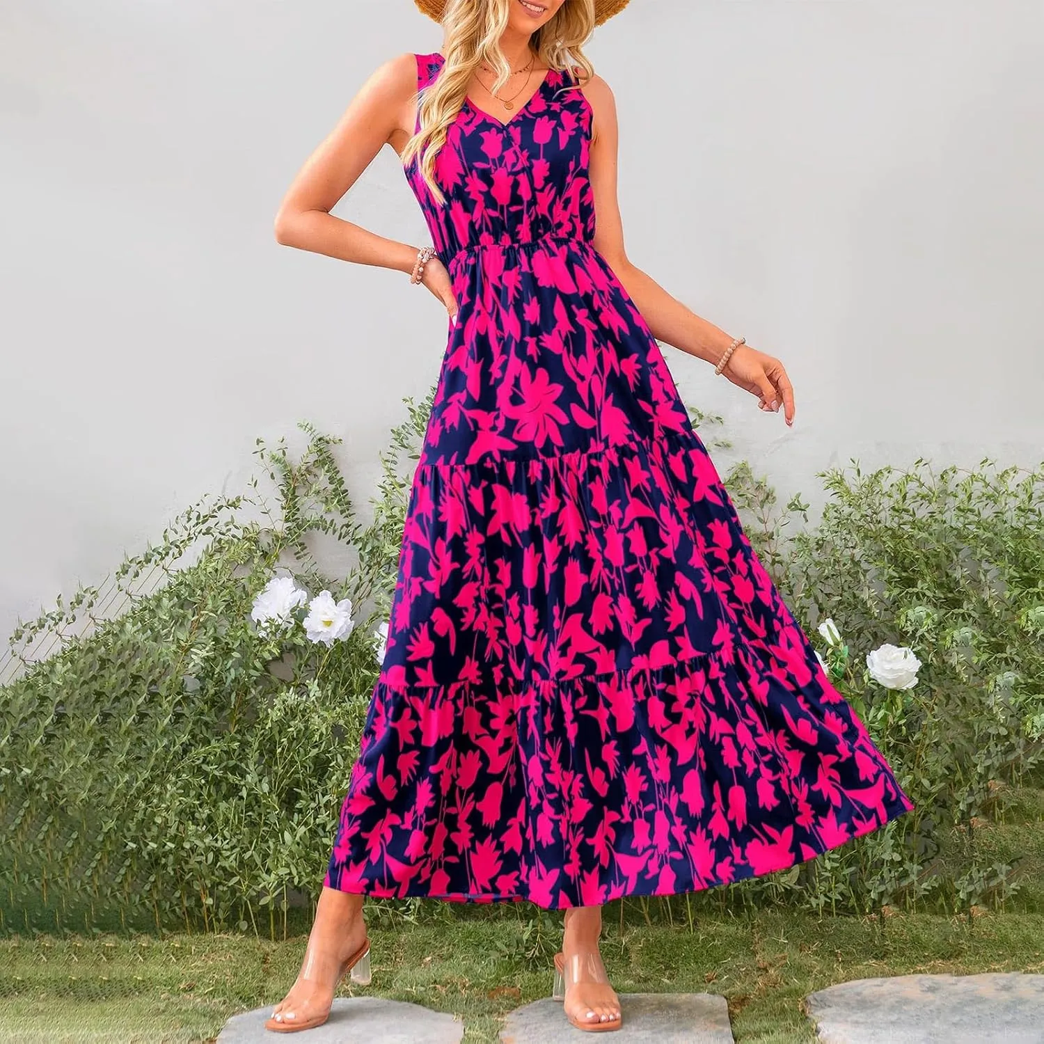 Womens Maxi Dresses Summer Smocked Dresses Sleeveless Sun Dress Bohemian Floral Dress V Neck Dresses for Wedding Guest