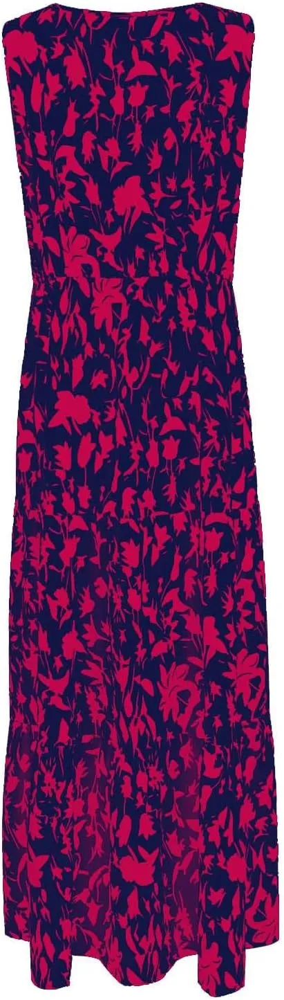 Womens Maxi Dresses Summer Smocked Dresses Sleeveless Sun Dress Bohemian Floral Dress V Neck Dresses for Wedding Guest