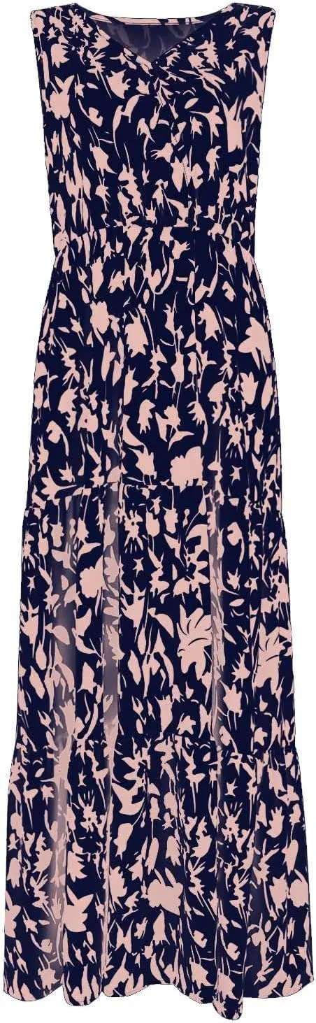 Womens Maxi Dresses Summer Smocked Dresses Sleeveless Sun Dress Bohemian Floral Dress V Neck Dresses for Wedding Guest