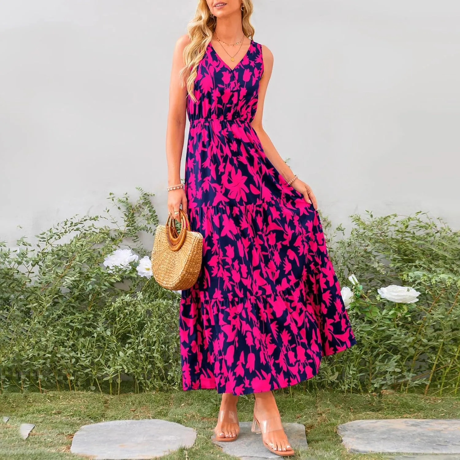 Womens Maxi Dresses Summer Smocked Dresses Sleeveless Sun Dress Bohemian Floral Dress V Neck Dresses for Wedding Guest