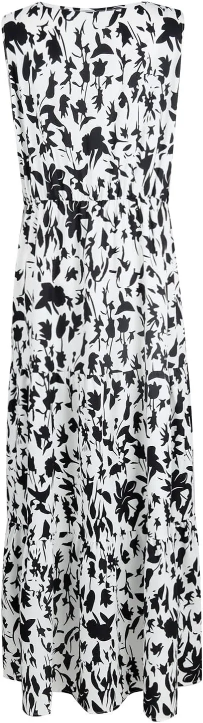 Womens Maxi Dresses Summer Smocked Dresses Sleeveless Sun Dress Bohemian Floral Dress V Neck Dresses for Wedding Guest