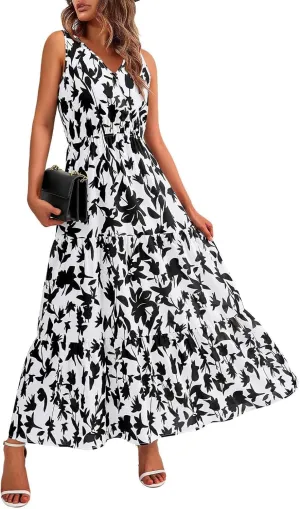 Womens Maxi Dresses Summer Smocked Dresses Sleeveless Sun Dress Bohemian Floral Dress V Neck Dresses for Wedding Guest