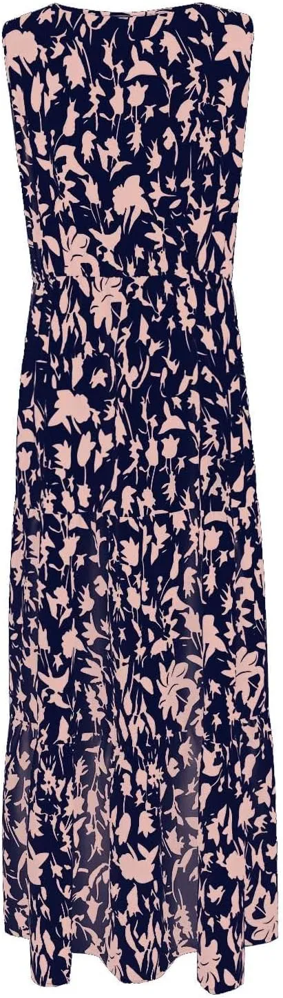 Womens Maxi Dresses Summer Smocked Dresses Sleeveless Sun Dress Bohemian Floral Dress V Neck Dresses for Wedding Guest