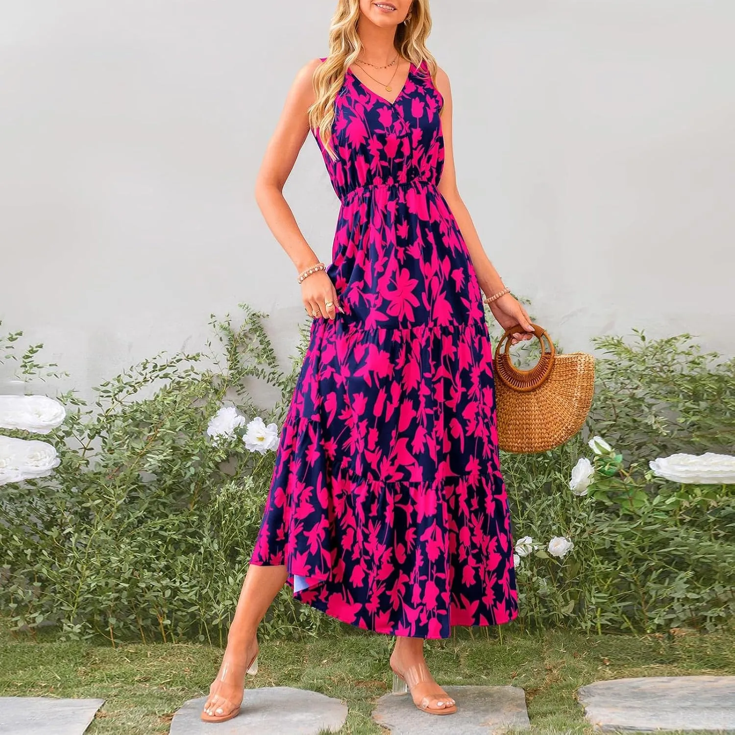 Womens Maxi Dresses Summer Smocked Dresses Sleeveless Sun Dress Bohemian Floral Dress V Neck Dresses for Wedding Guest