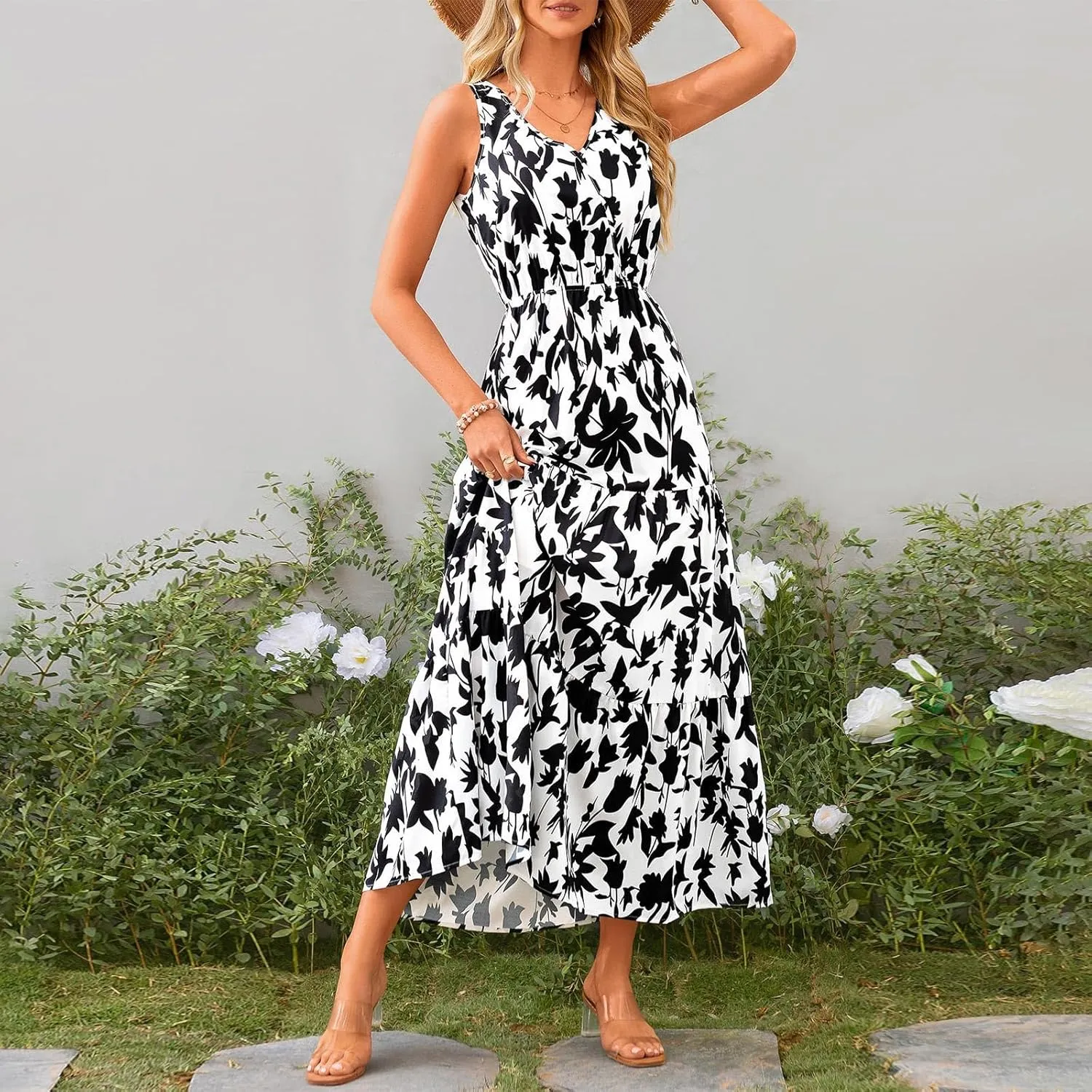 Womens Maxi Dresses Summer Smocked Dresses Sleeveless Sun Dress Bohemian Floral Dress V Neck Dresses for Wedding Guest
