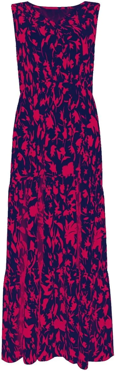 Womens Maxi Dresses Summer Smocked Dresses Sleeveless Sun Dress Bohemian Floral Dress V Neck Dresses for Wedding Guest