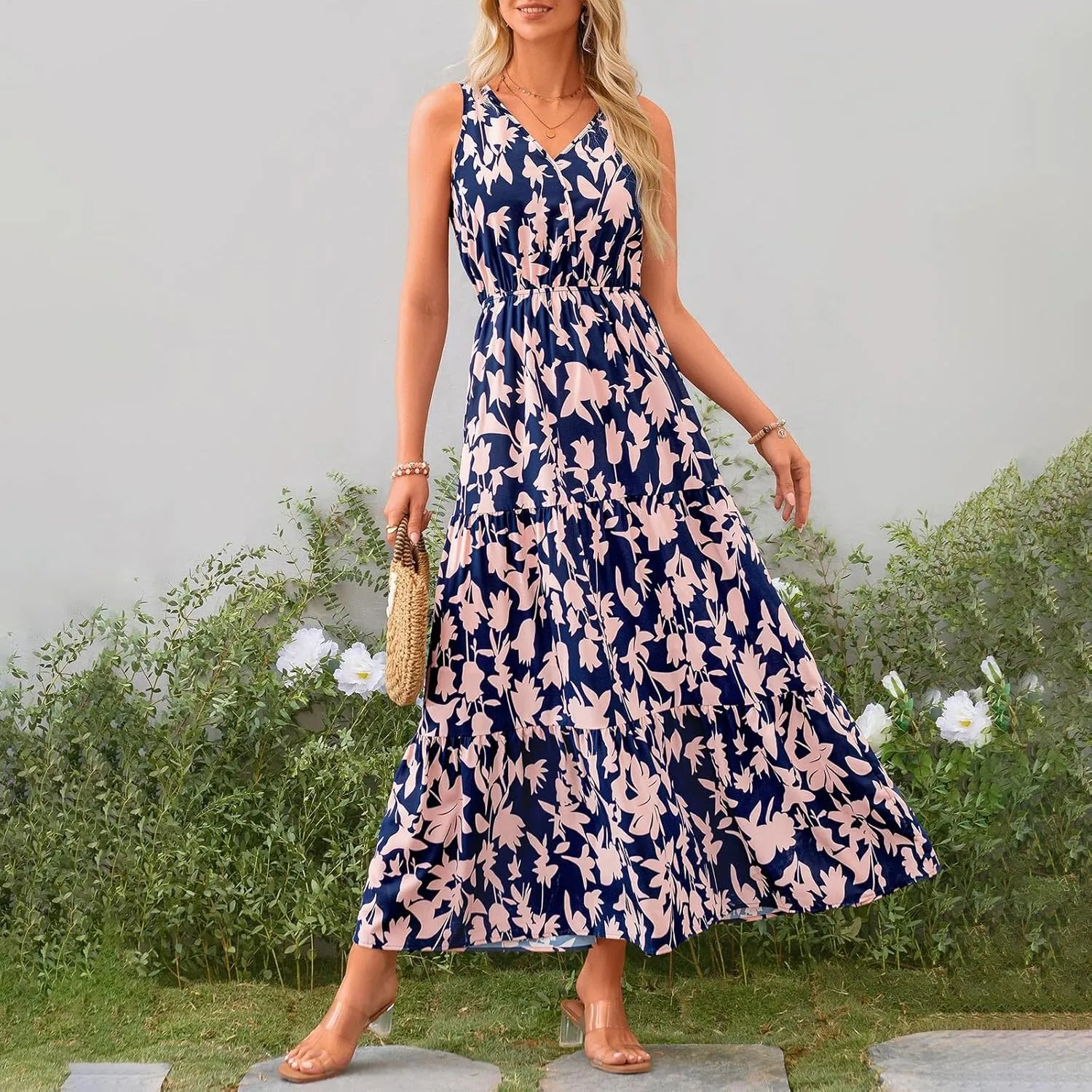 Womens Maxi Dresses Summer Smocked Dresses Sleeveless Sun Dress Bohemian Floral Dress V Neck Dresses for Wedding Guest