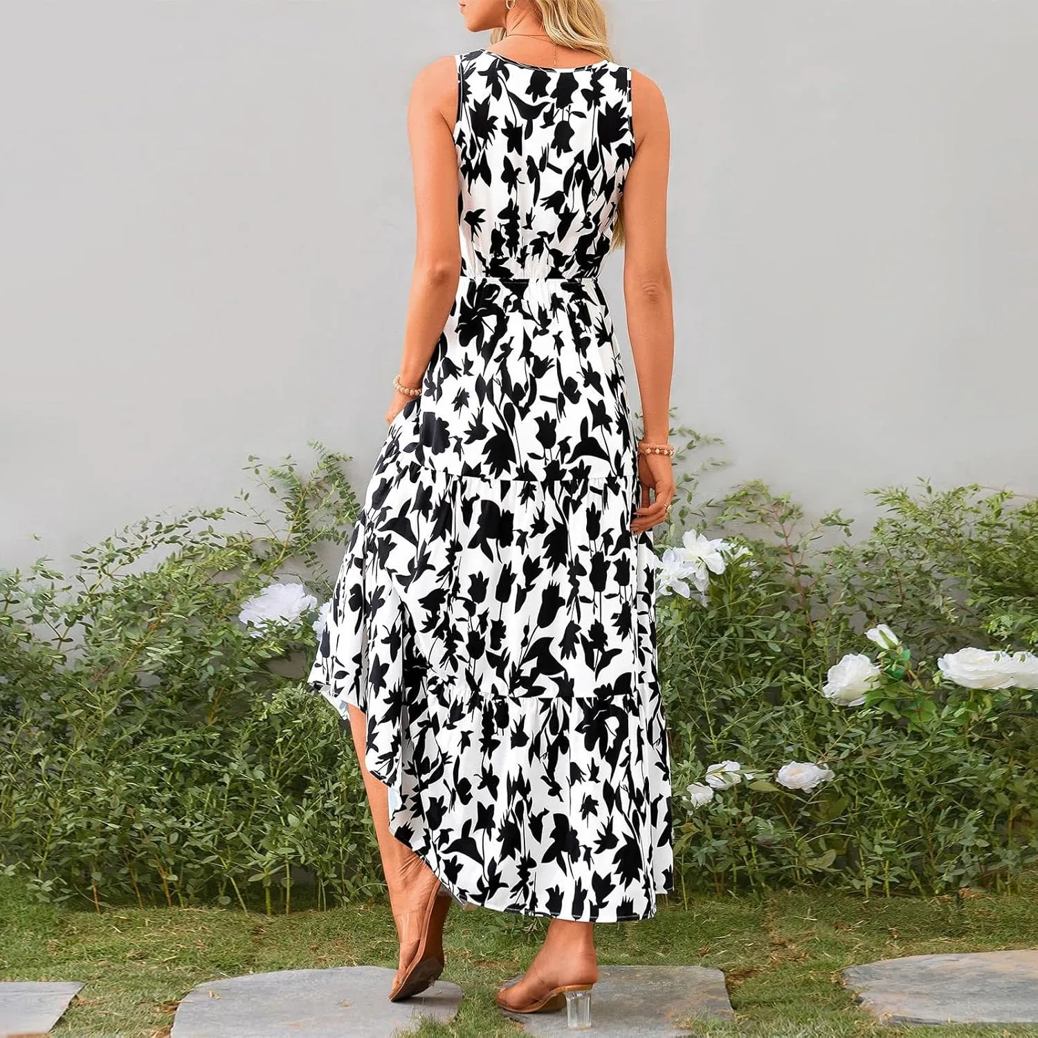 Womens Maxi Dresses Summer Smocked Dresses Sleeveless Sun Dress Bohemian Floral Dress V Neck Dresses for Wedding Guest