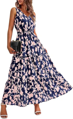 Womens Maxi Dresses Summer Smocked Dresses Sleeveless Sun Dress Bohemian Floral Dress V Neck Dresses for Wedding Guest