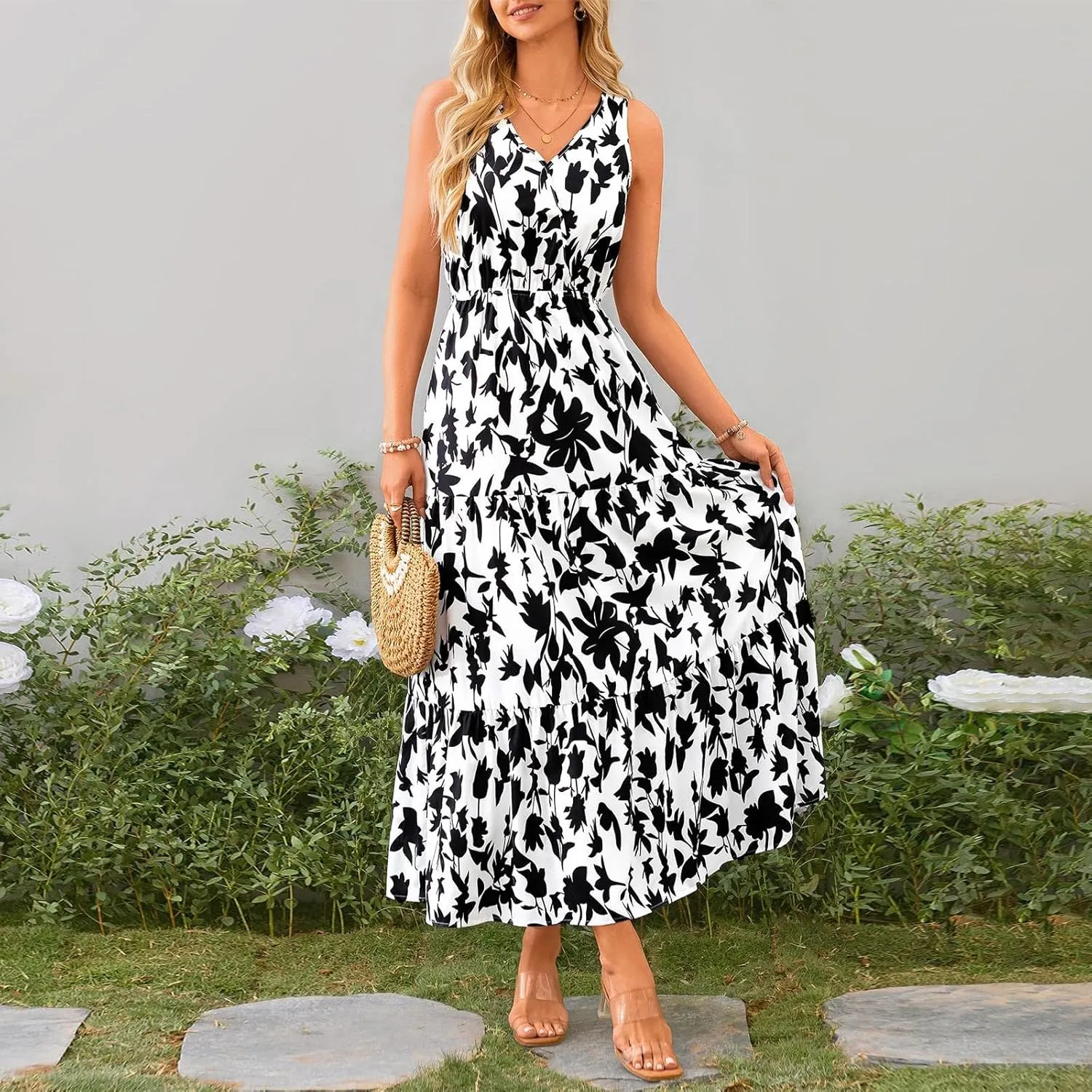 Womens Maxi Dresses Summer Smocked Dresses Sleeveless Sun Dress Bohemian Floral Dress V Neck Dresses for Wedding Guest