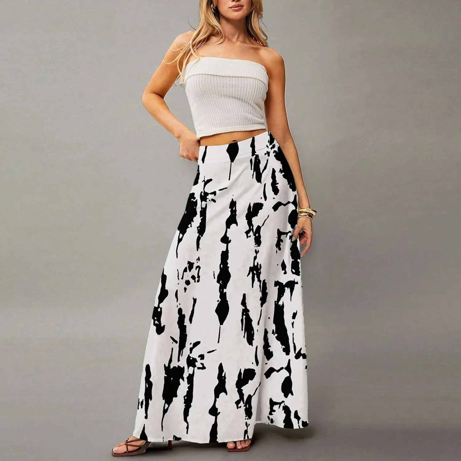 Women's Maxi Skirt 2025 Elastic High Waist Flared Maxi Skirts Floral Swing Midi Casual Summer Long Skirt, S-2XL